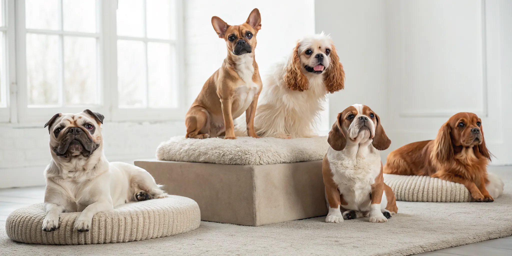 A group of low energy small dog breeds lounging together on a comfortable sofa.