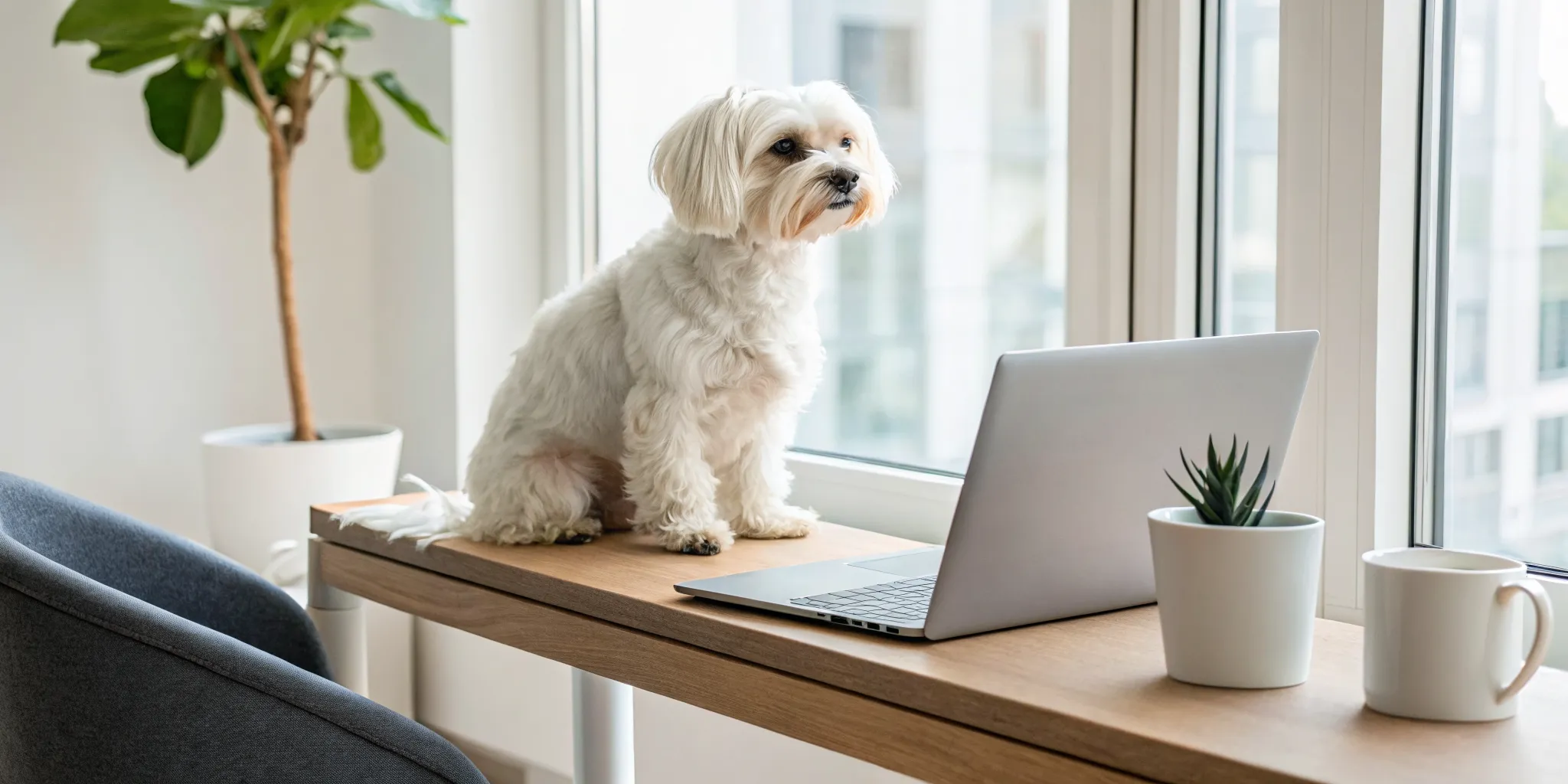A small white Maltese dog sits on a desk, a perfect companion for apartment life.