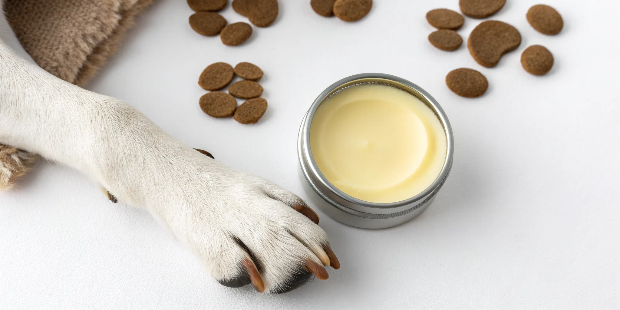 A dog's paw next to a tin of soothing paw balm for dogs.