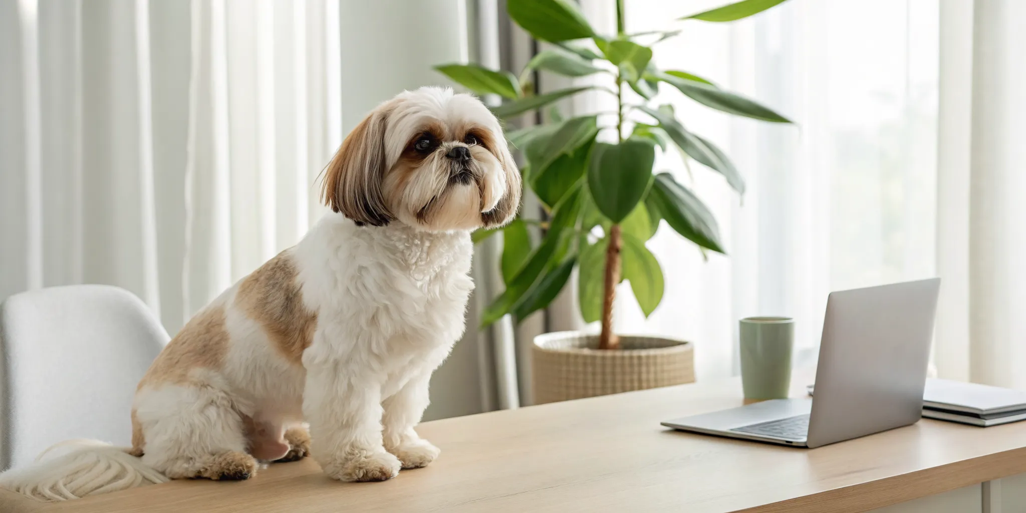 A Shih Tzu sits on a desk, a perfect companion for those considering the breed's pros and cons.