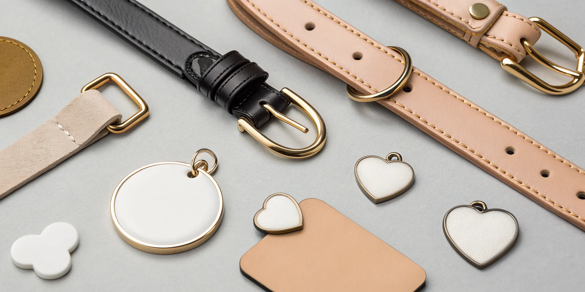 Personalized dog name tags in various shapes, colors, and materials.