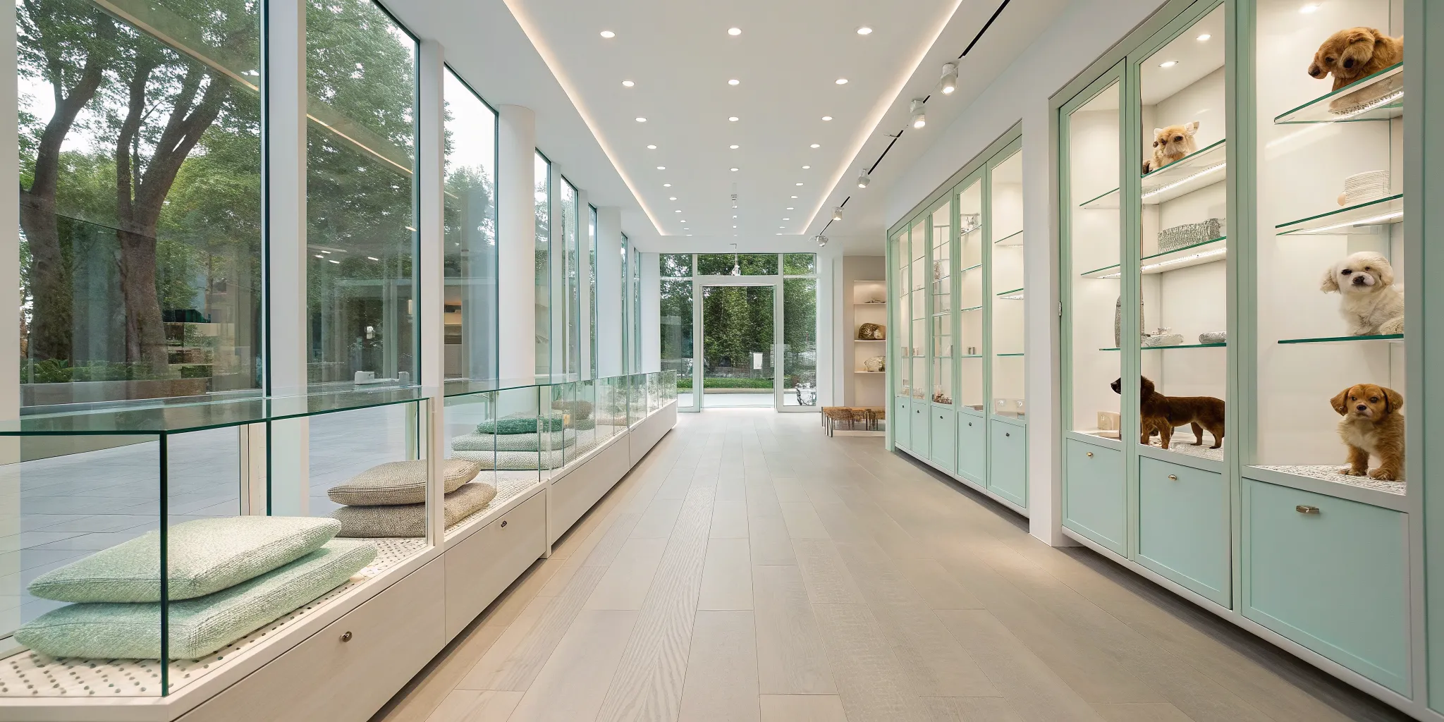 Adorable puppies in cozy, modern glass enclosures at the chic Furrylicious puppy boutique.