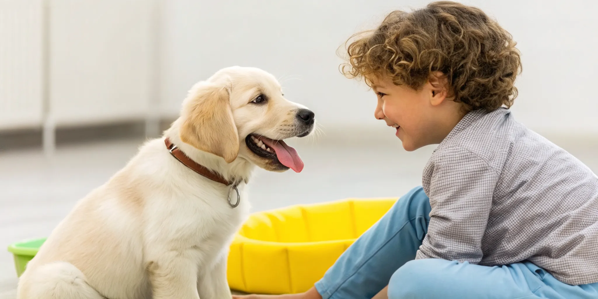 A golden retriever puppy meets a child as part of a positive puppy socialization checklist.