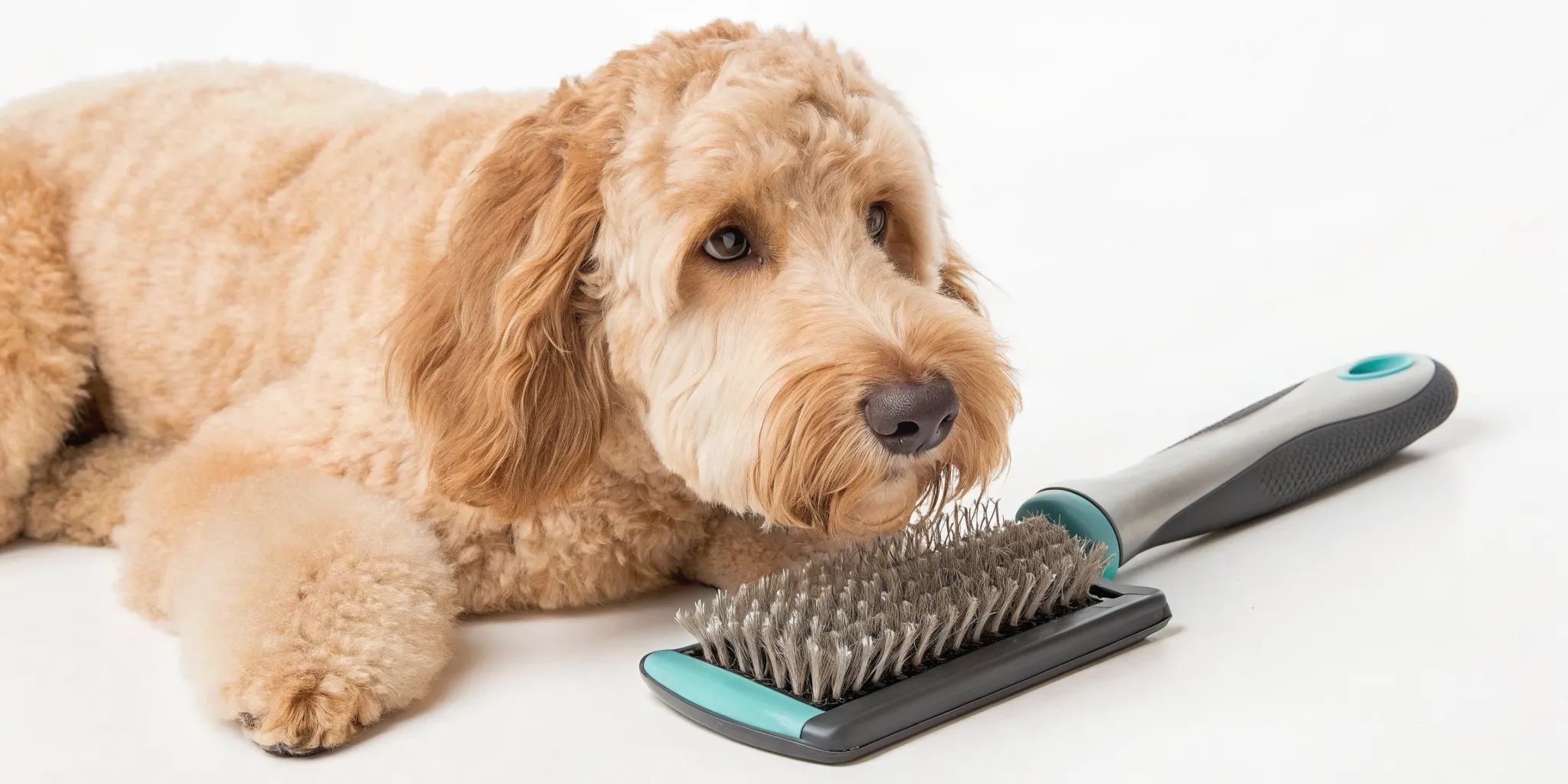 Slicker brush for Doodles lying next to a relaxed, fluffy dog.