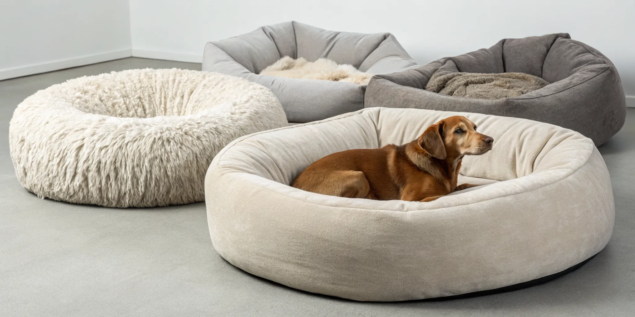 A relaxed dog resting in a plush, calming bed for anxiety.