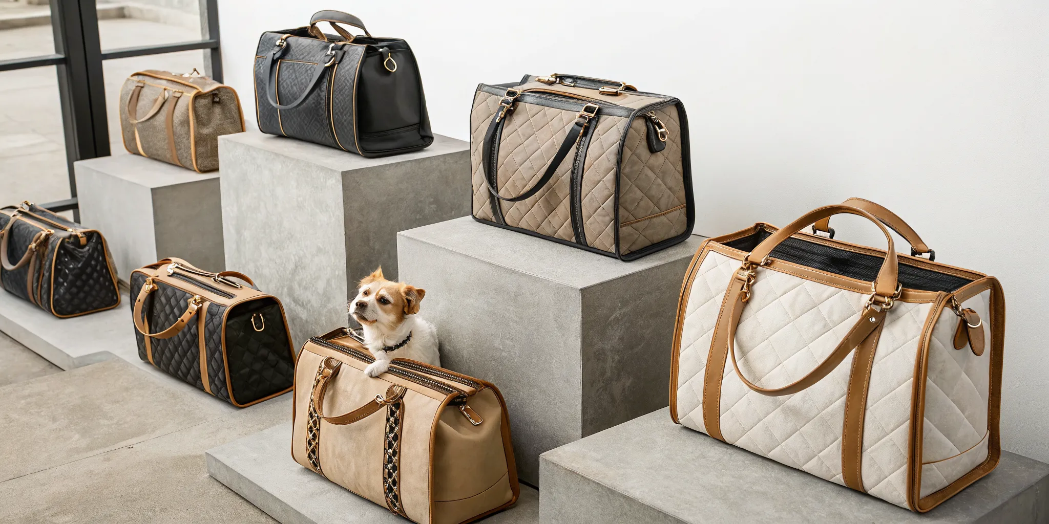A small dog in a designer carrier bag among a collection of other luxury bags.