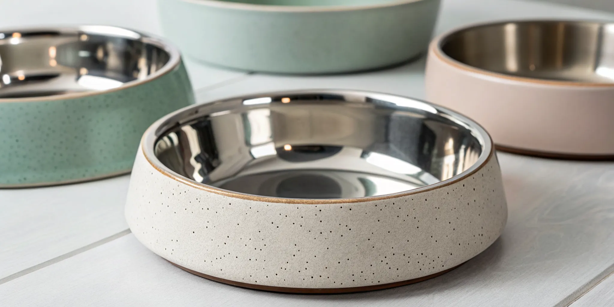 Petrageous dog bowls with stoneware exteriors and stainless steel interiors.