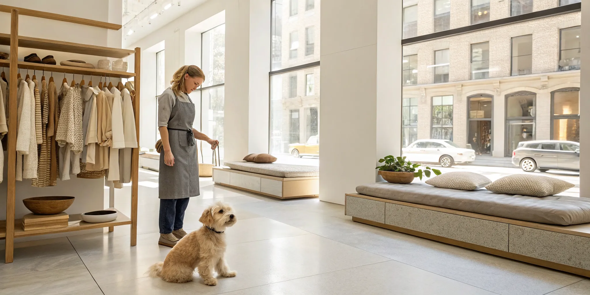 A puppy with a staff member in the clean and welcoming Furrylicious boutique.