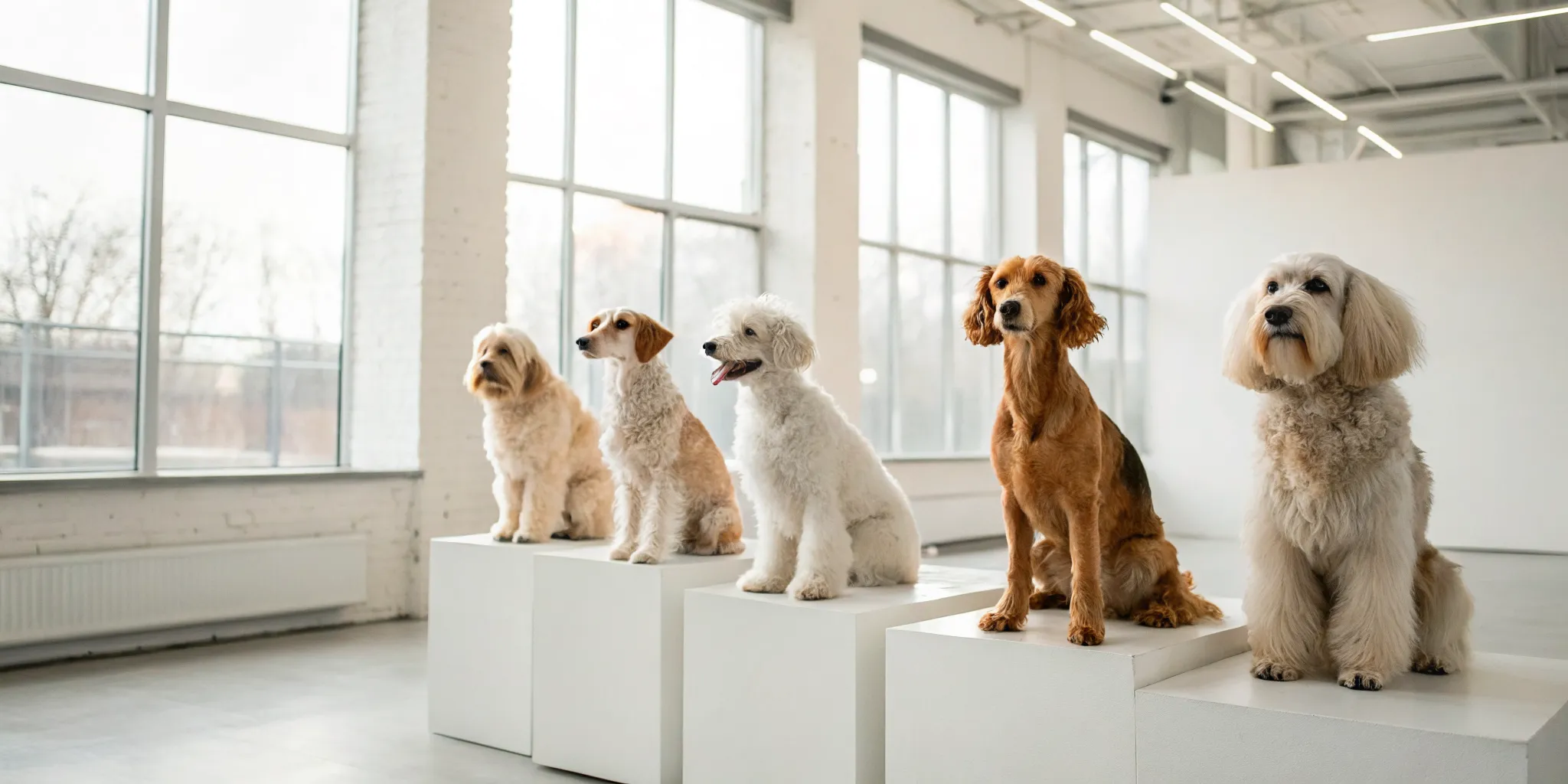 How often you should groom a dog, shown by five dogs with different coat types.