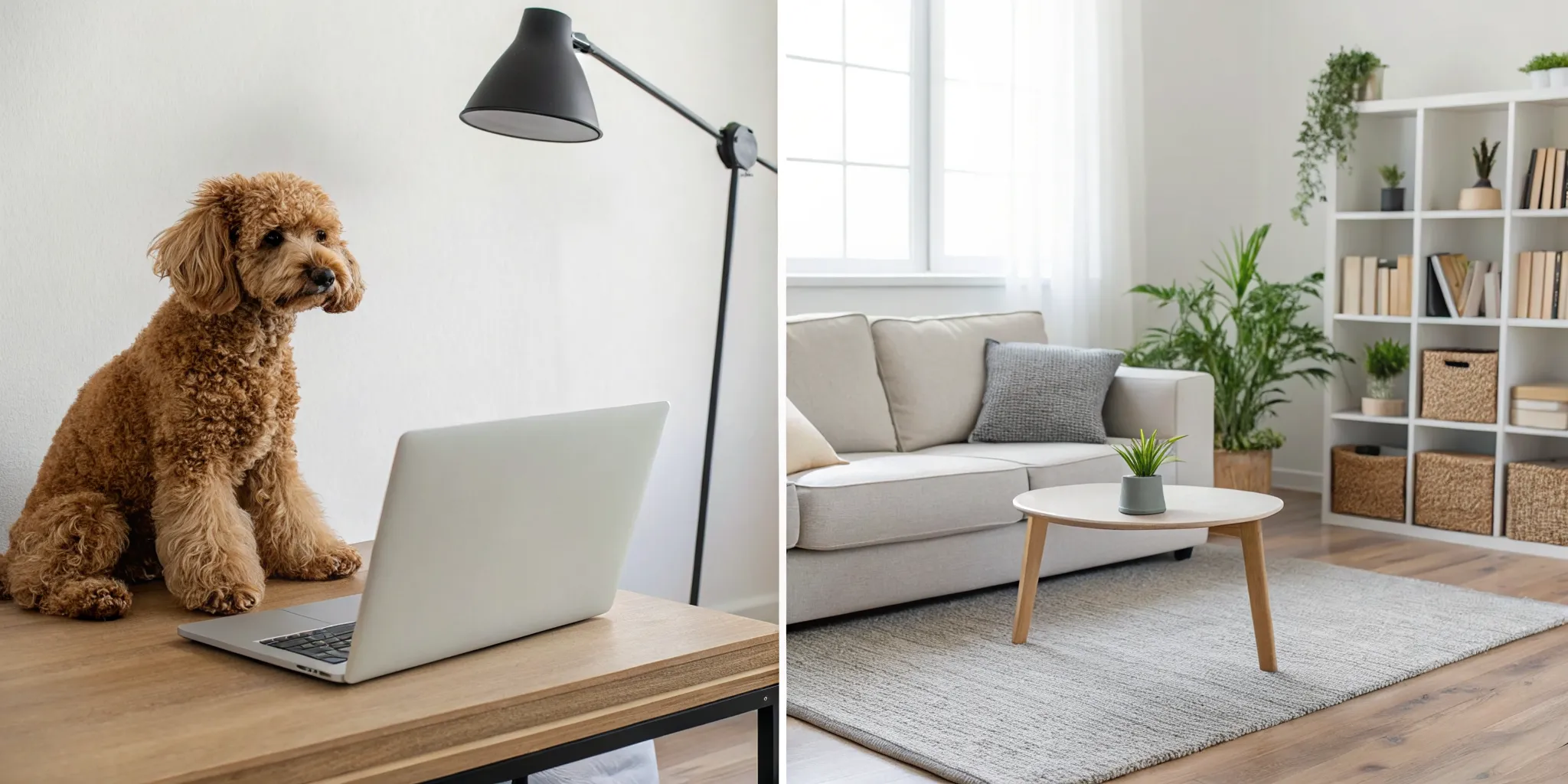 A mini poodle at a desk with a laptop, researching the pros and cons of the breed.