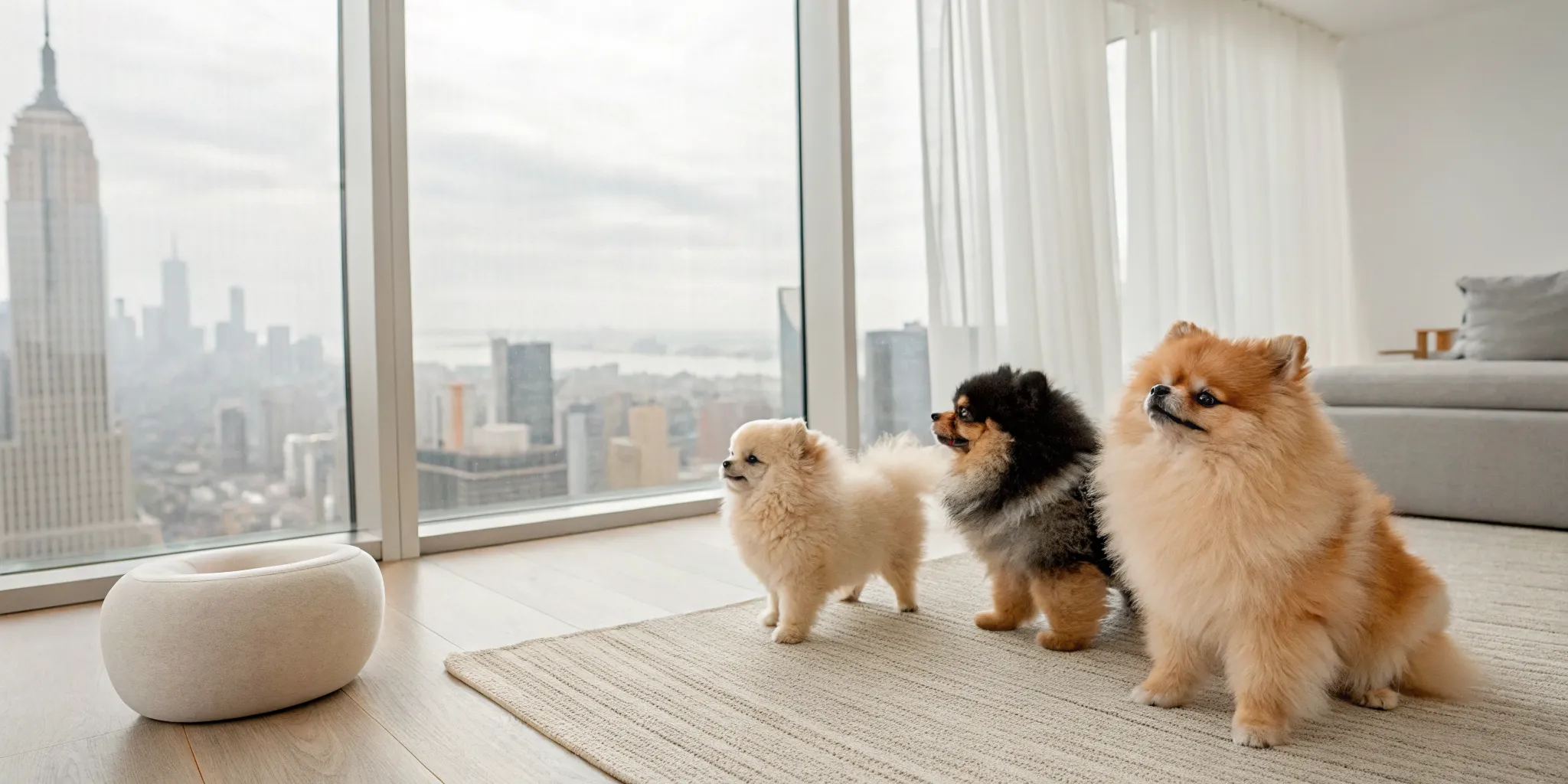 Three fluffy Pomeranian puppies perfect for apartment living in NYC.