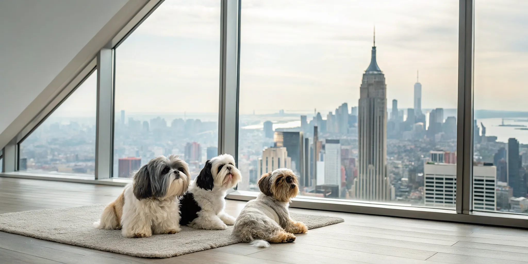 Three Shih Tzu puppies for sale sitting on a rug in a NYC apartment.