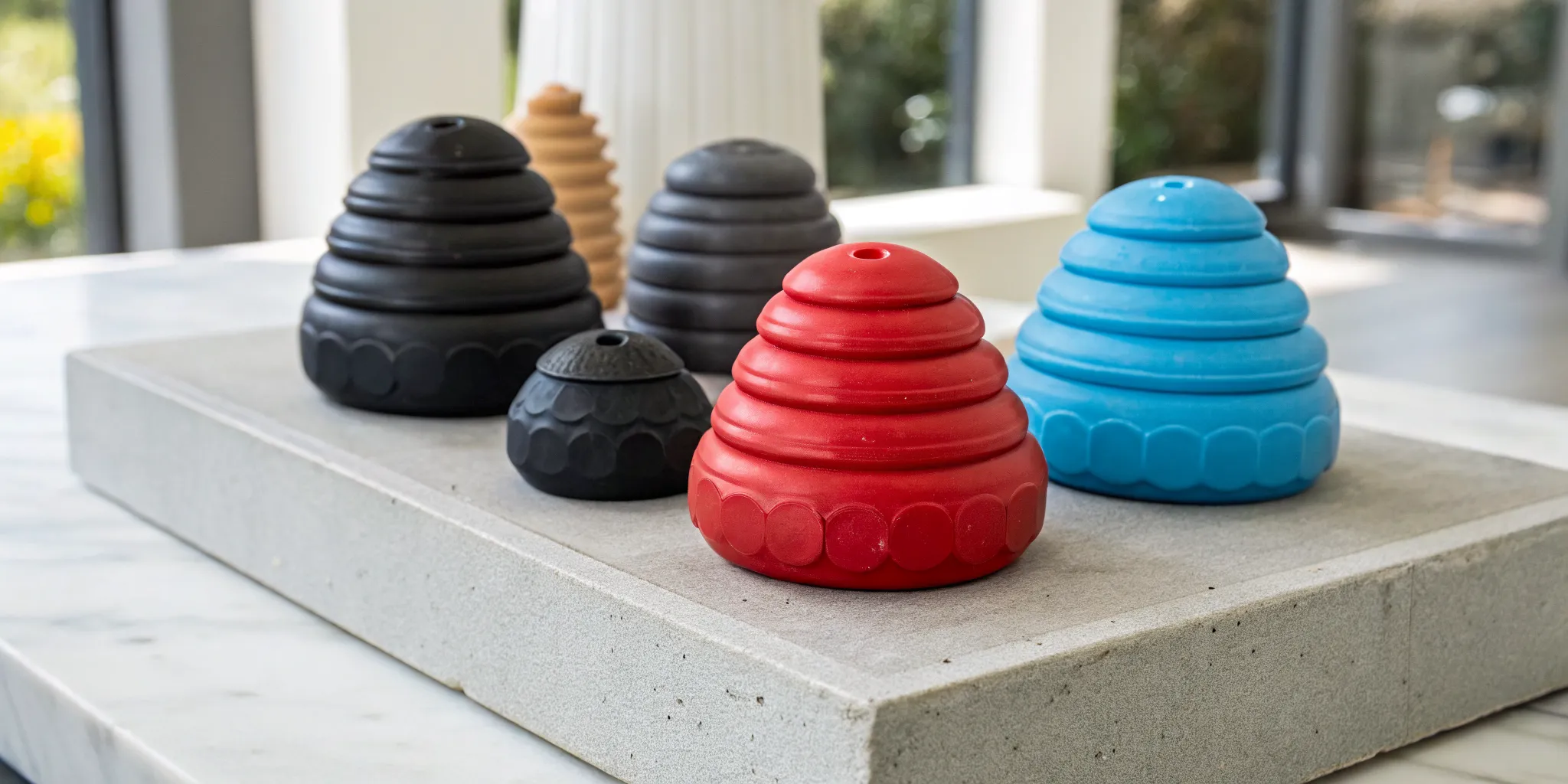 A variety of durable KONG dog toys in different sizes and colors on a local store shelf.