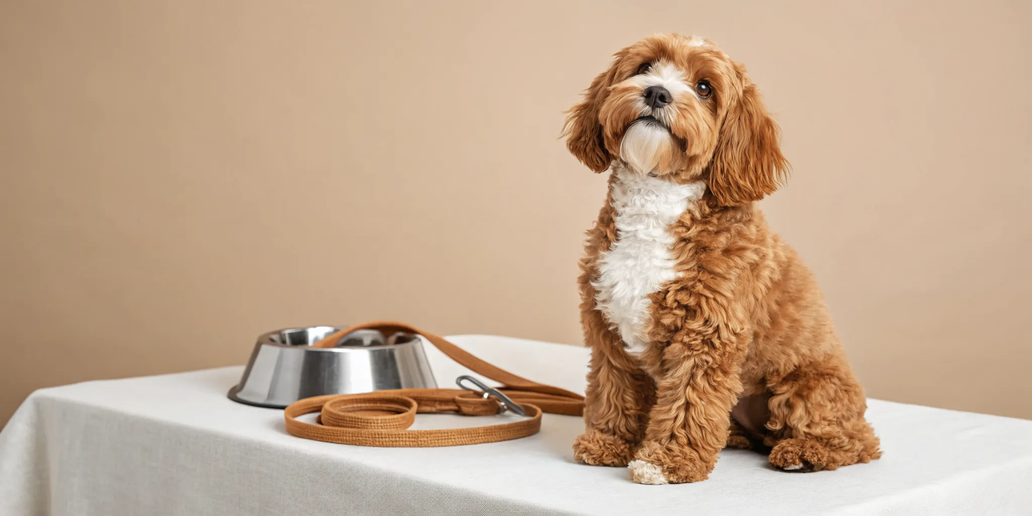 A small toy cavapoo with a curly coat sitting on a table with its leash and bowl.