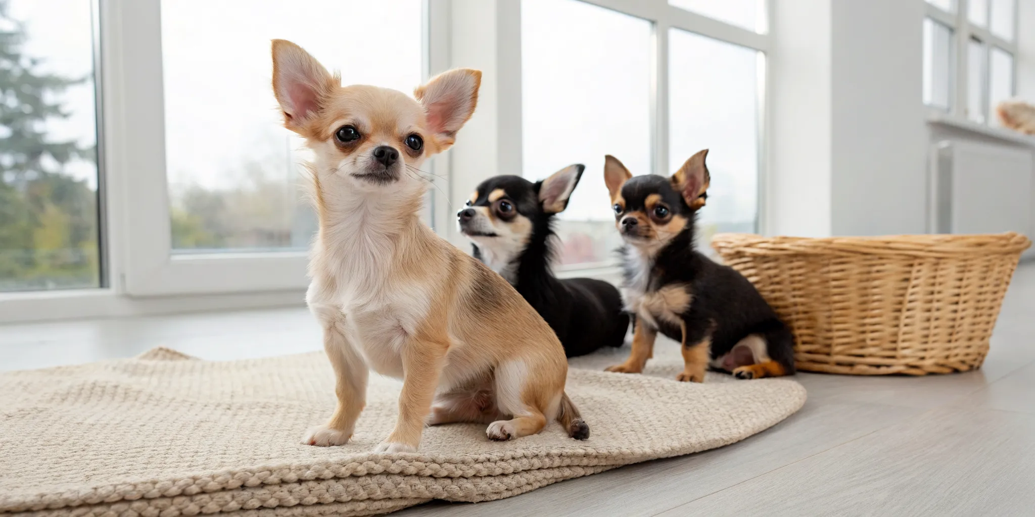 Three adorable chihuahua puppies for sale in New Jersey sitting on a rug.