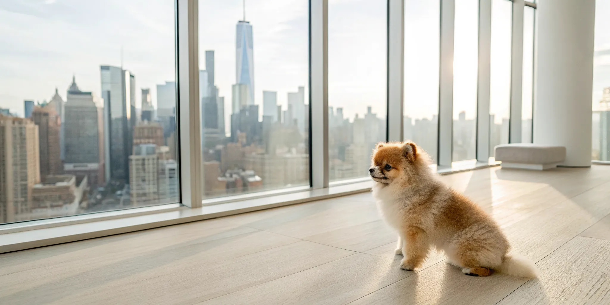 A fluffy Pomeranian puppy for sale in a New York apartment.