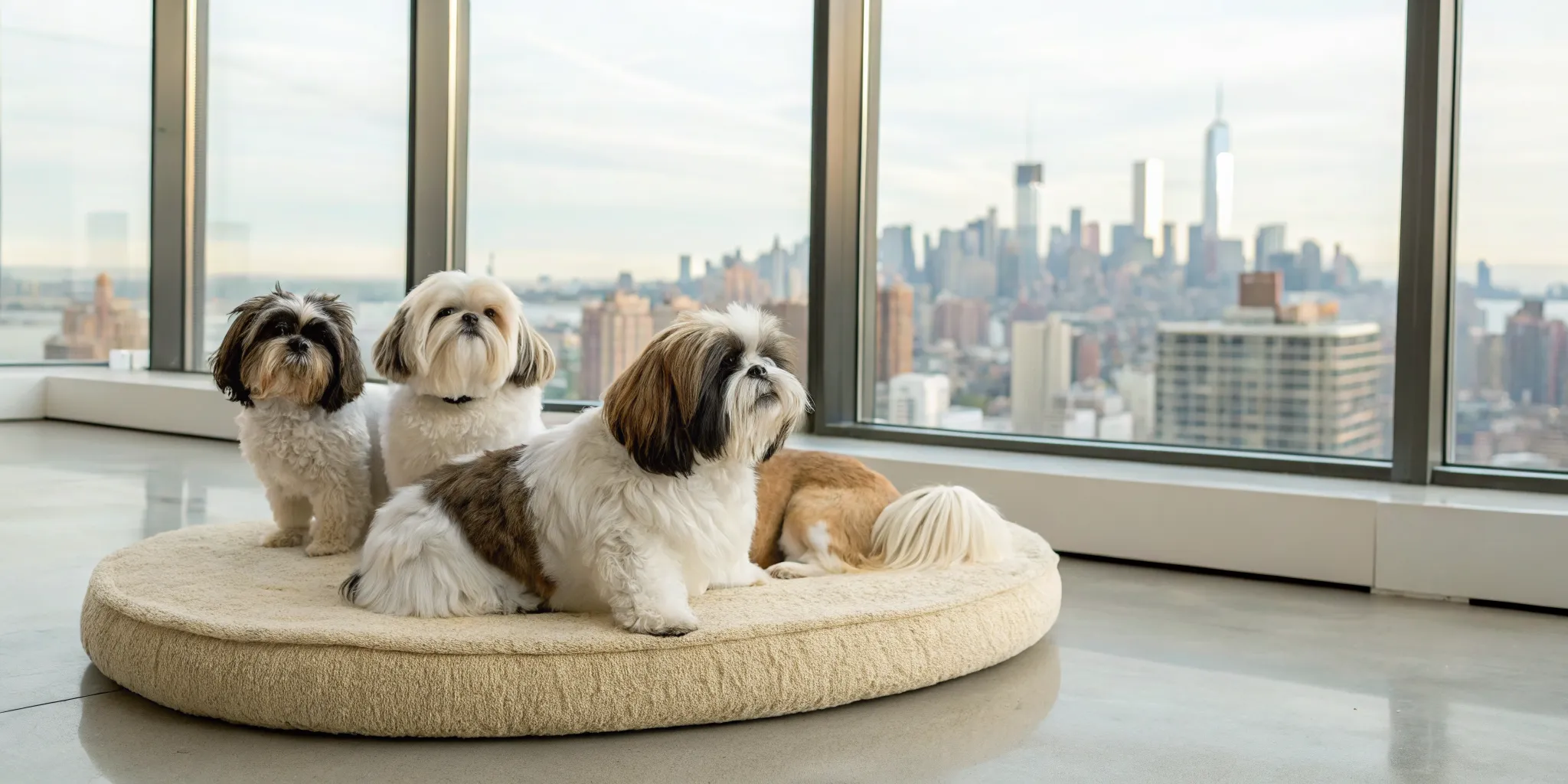 Adorable Shih Tzu puppies for sale in New York with a city skyline view.