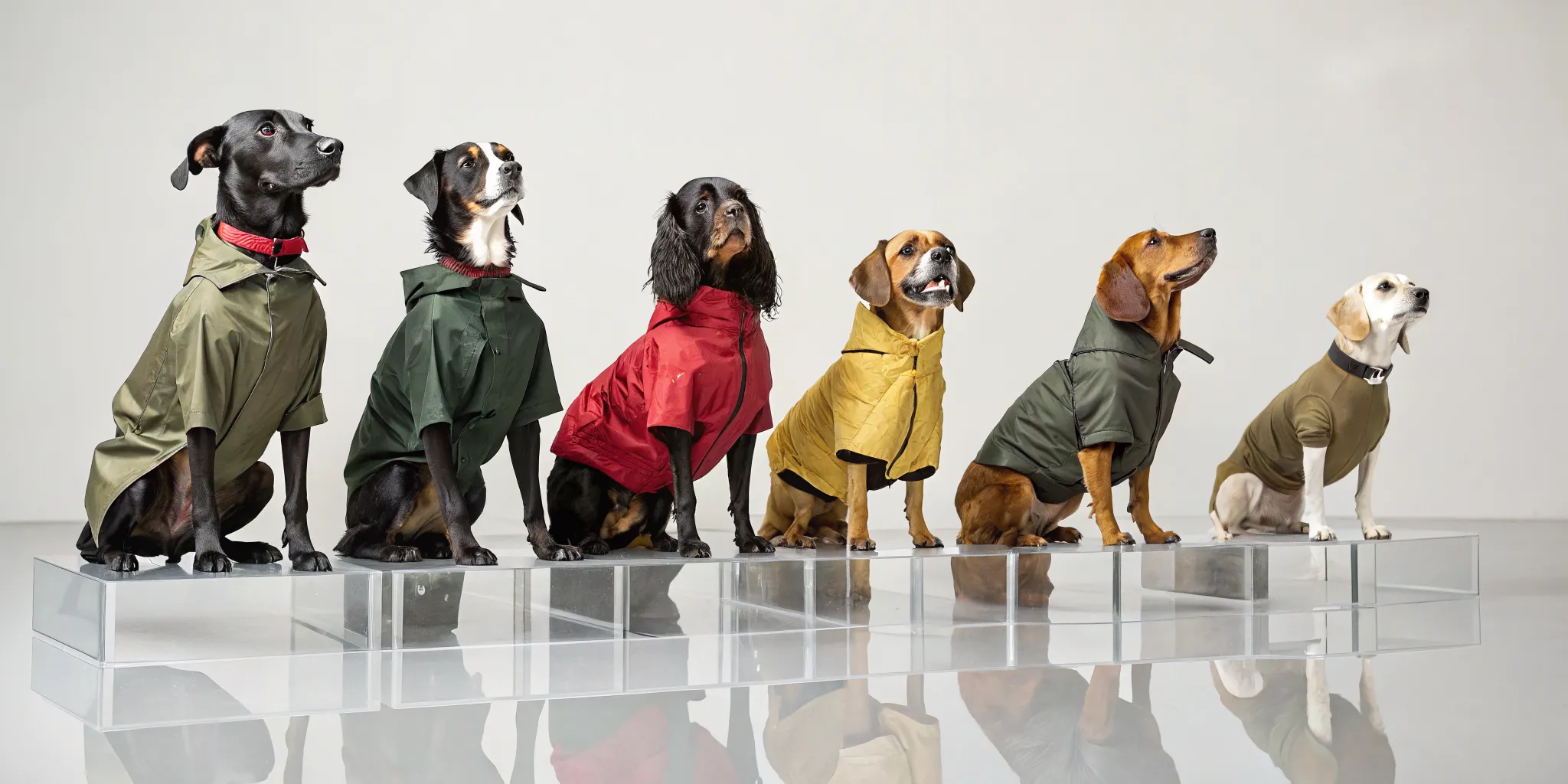 Six dogs wearing stylish and functional designer raincoats.