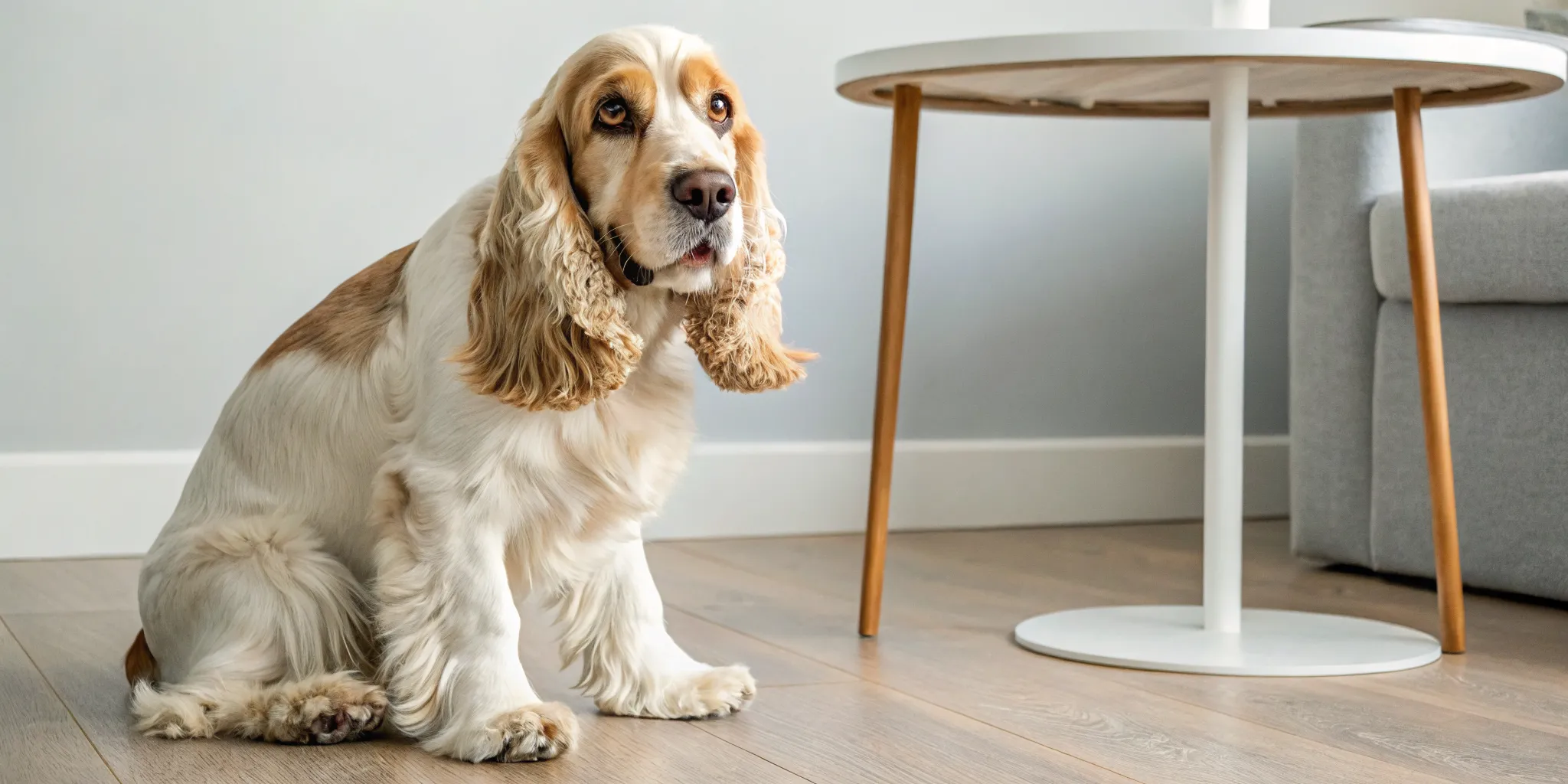 A Cocker Spaniel with a gentle personality and calm temperament sitting indoors.