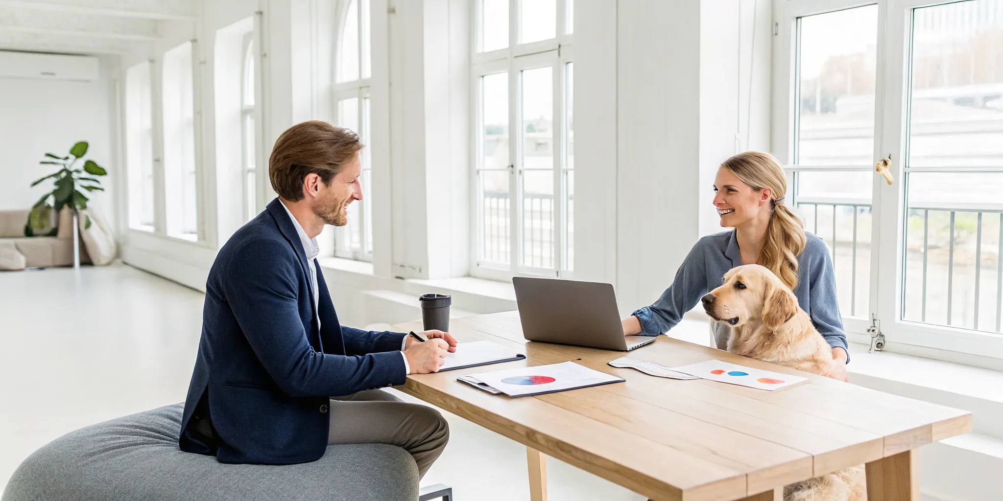 Golden retriever puppy on a table while a couple discusses puppy financing in NJ.
