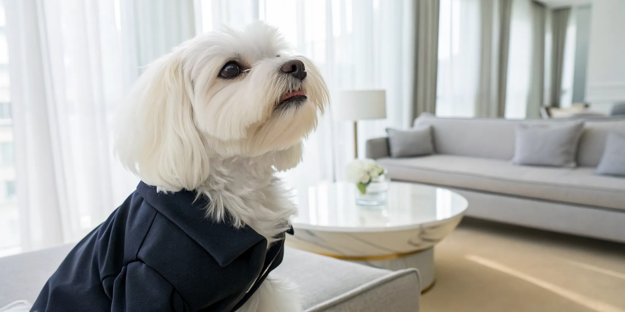 A Maltese dog with an affectionate temperament and playful personality at home.