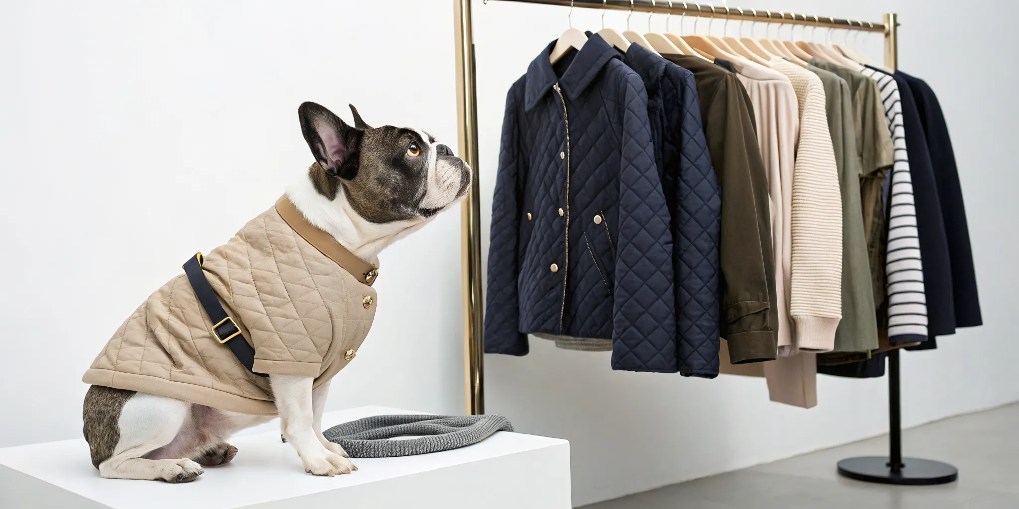 A French bulldog wears a Parisian Pet jacket beside a rack of dog clothes.