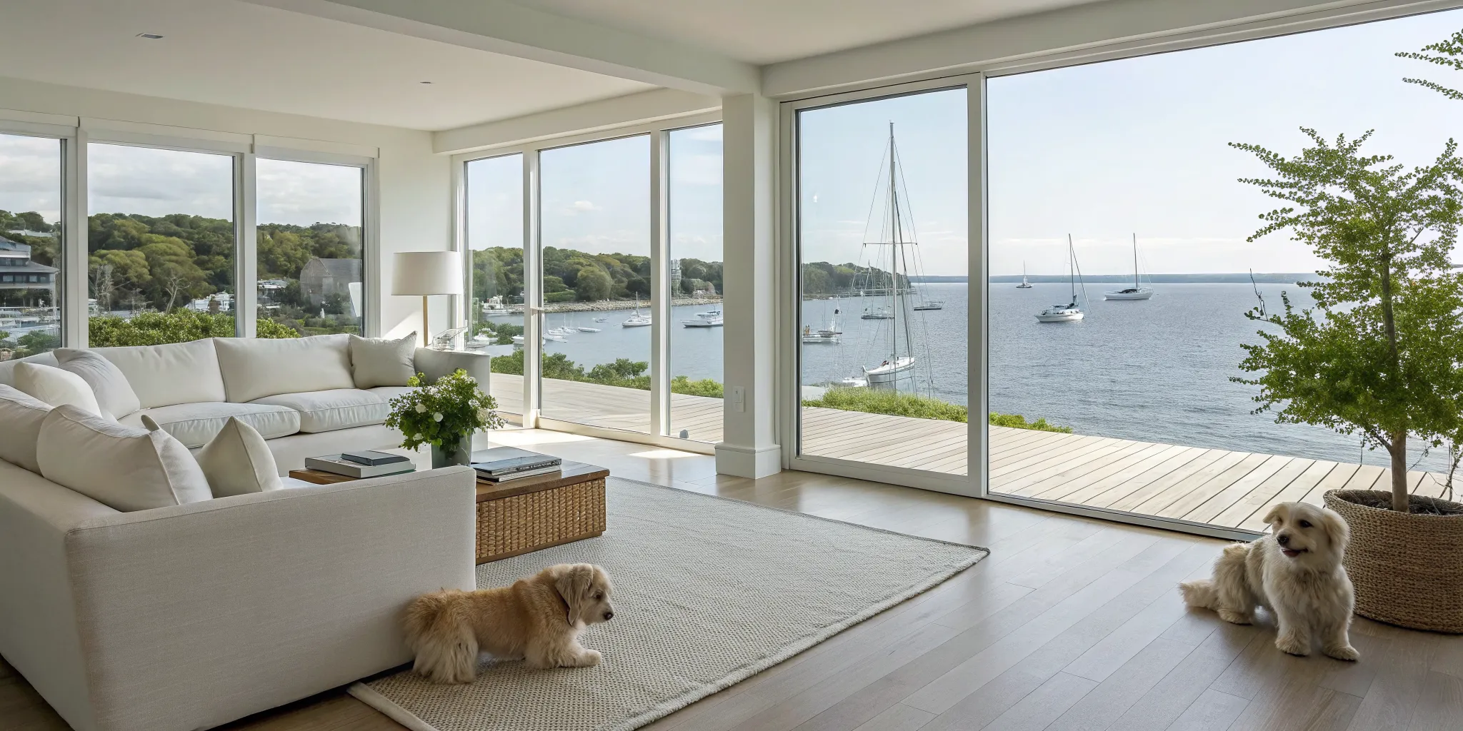 Two fluffy Pomeranian puppies for sale in a bright home overlooking the Long Island waterfront.