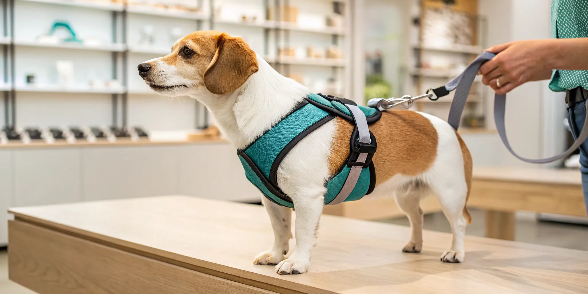 Small dog trying on a teal Puppia harness at a pet boutique near me.