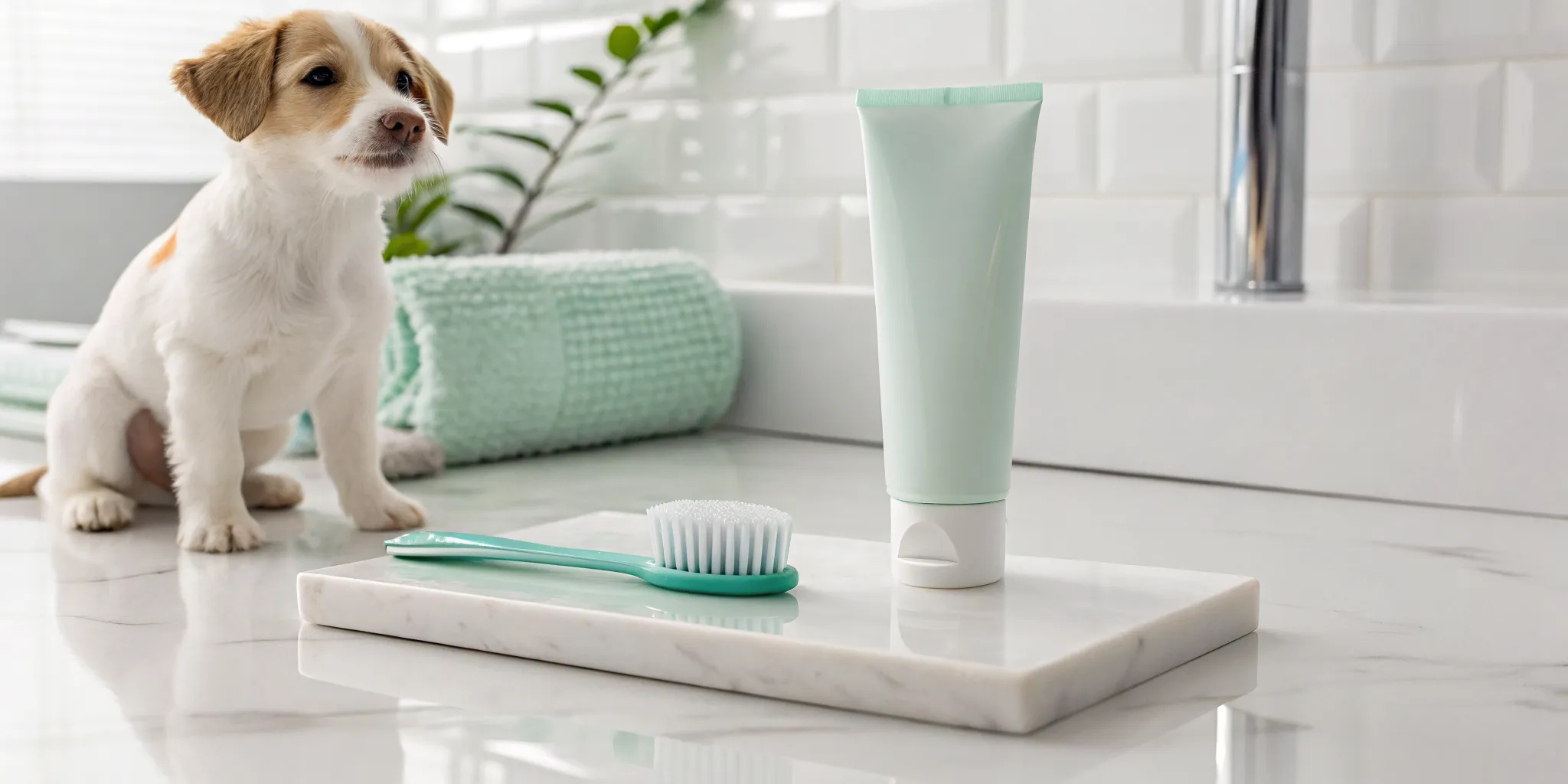 A puppy with the toothbrush and toothpaste needed for a dental care routine.