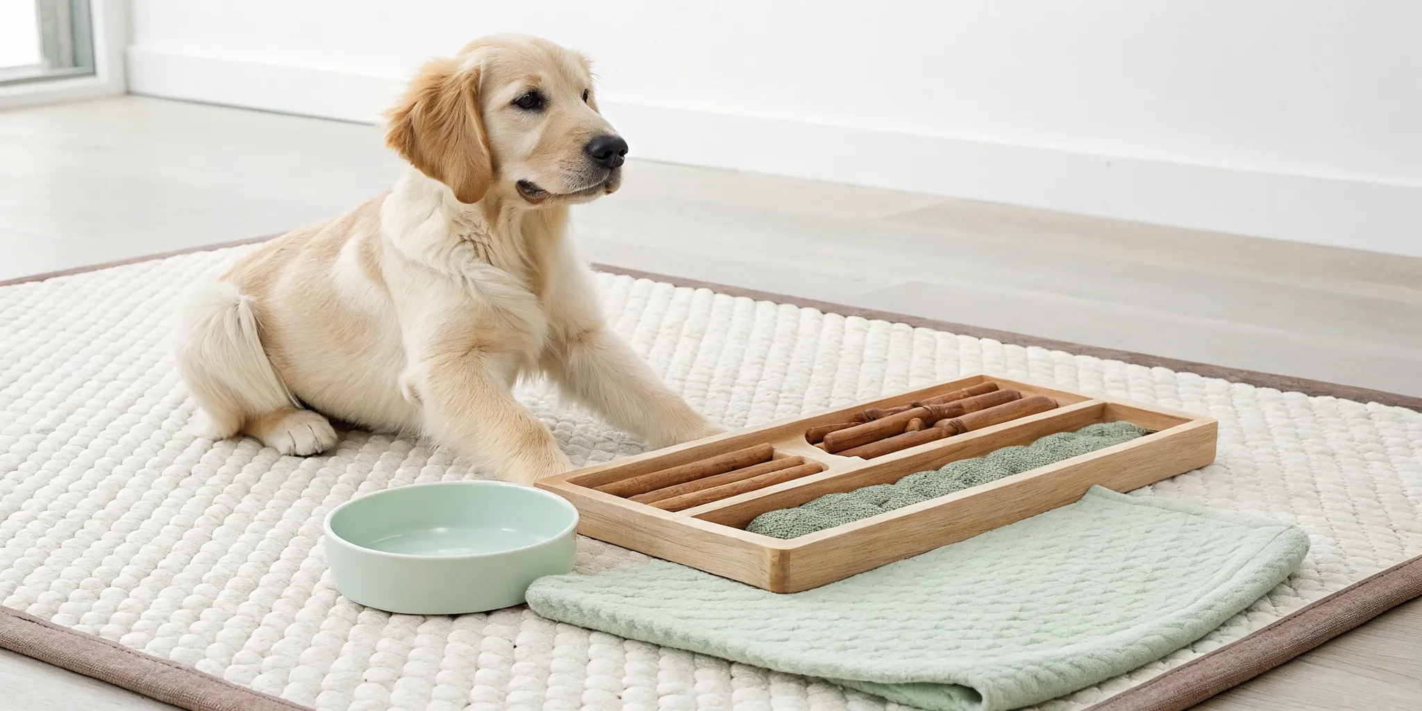 A golden retriever puppy safely chews a bully stick for puppies in a holder.