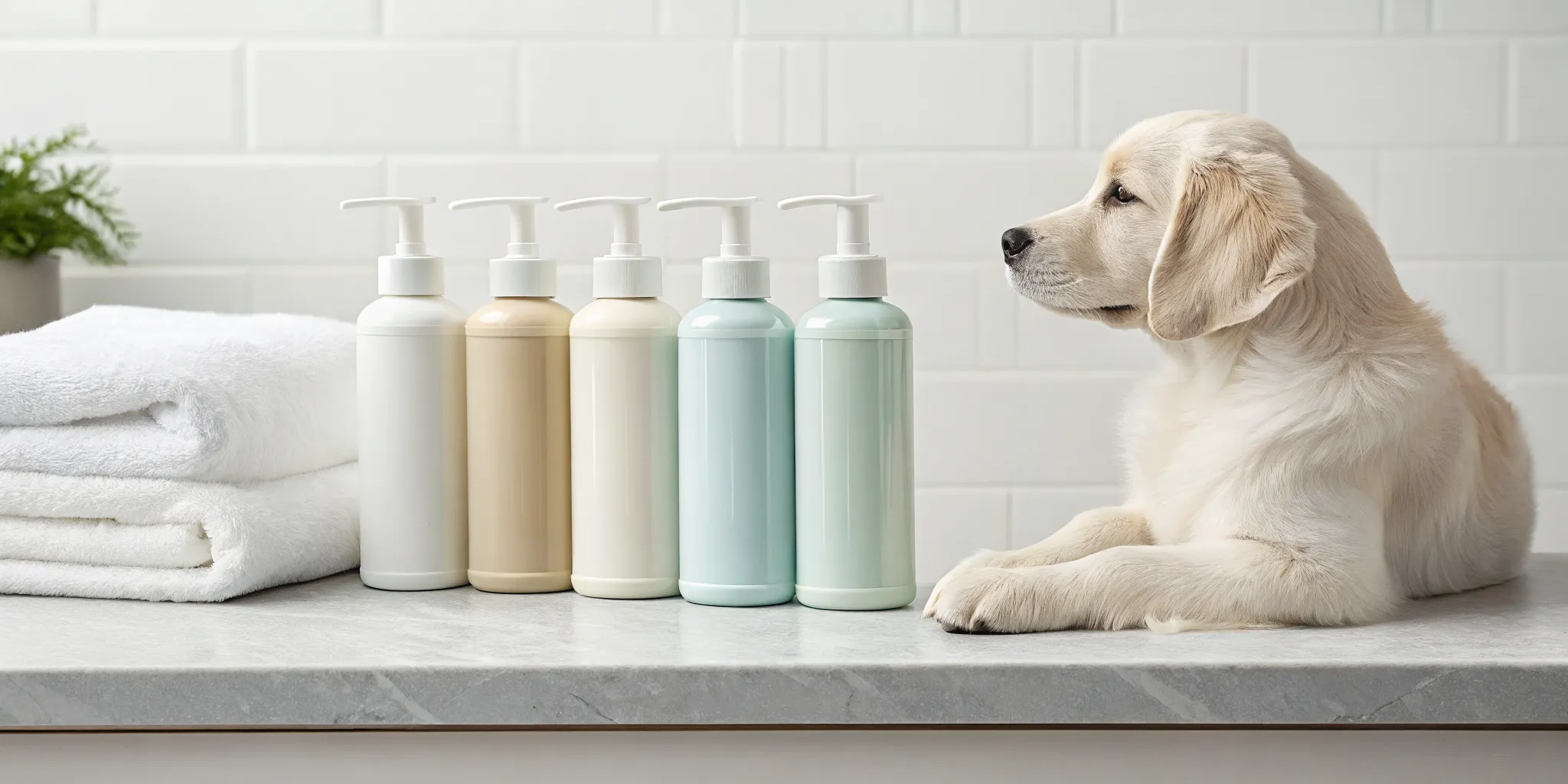 A small puppy next to bottles of the best shampoo for sensitive skin.
