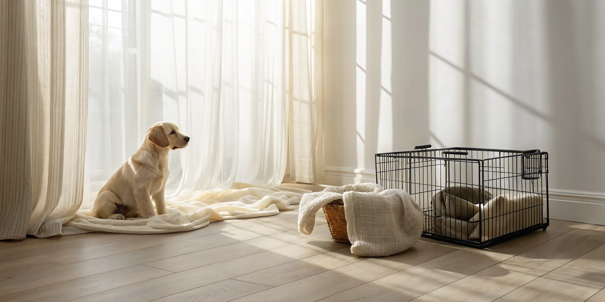 A golden retriever puppy sits by its crate, ready for the best time to bring a puppy home.