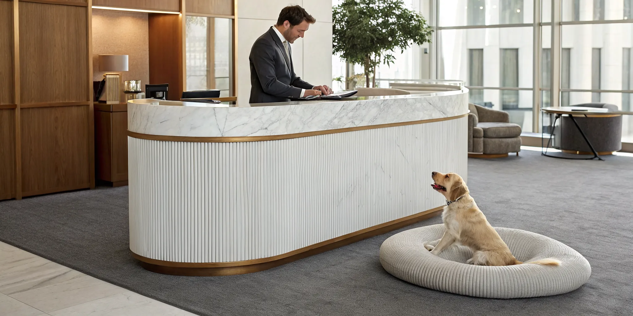A puppy on a dog bed in a lobby with a concierge at the service desk.