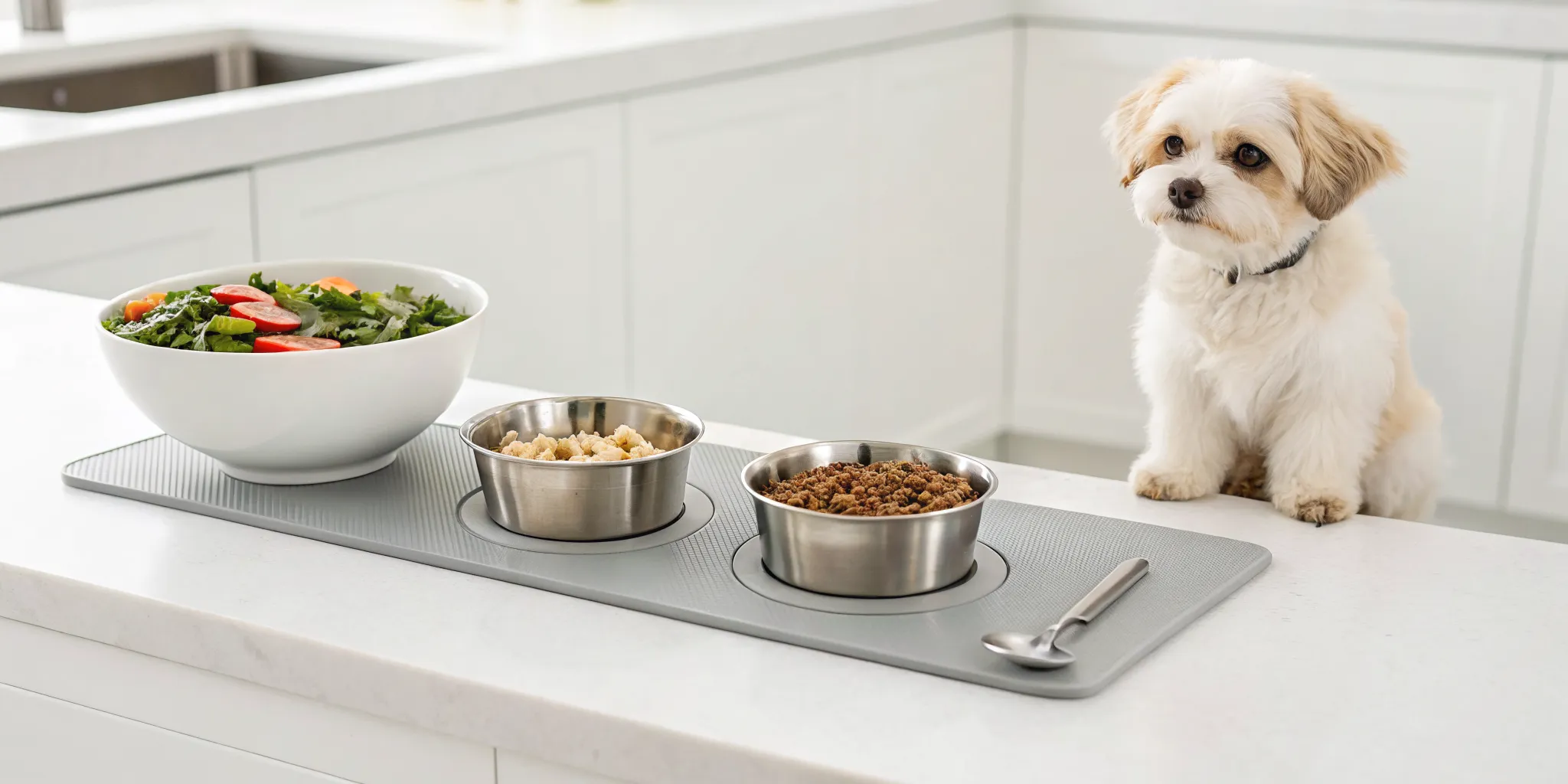A small breed puppy waits by its food bowl, part of a consistent feeding schedule.