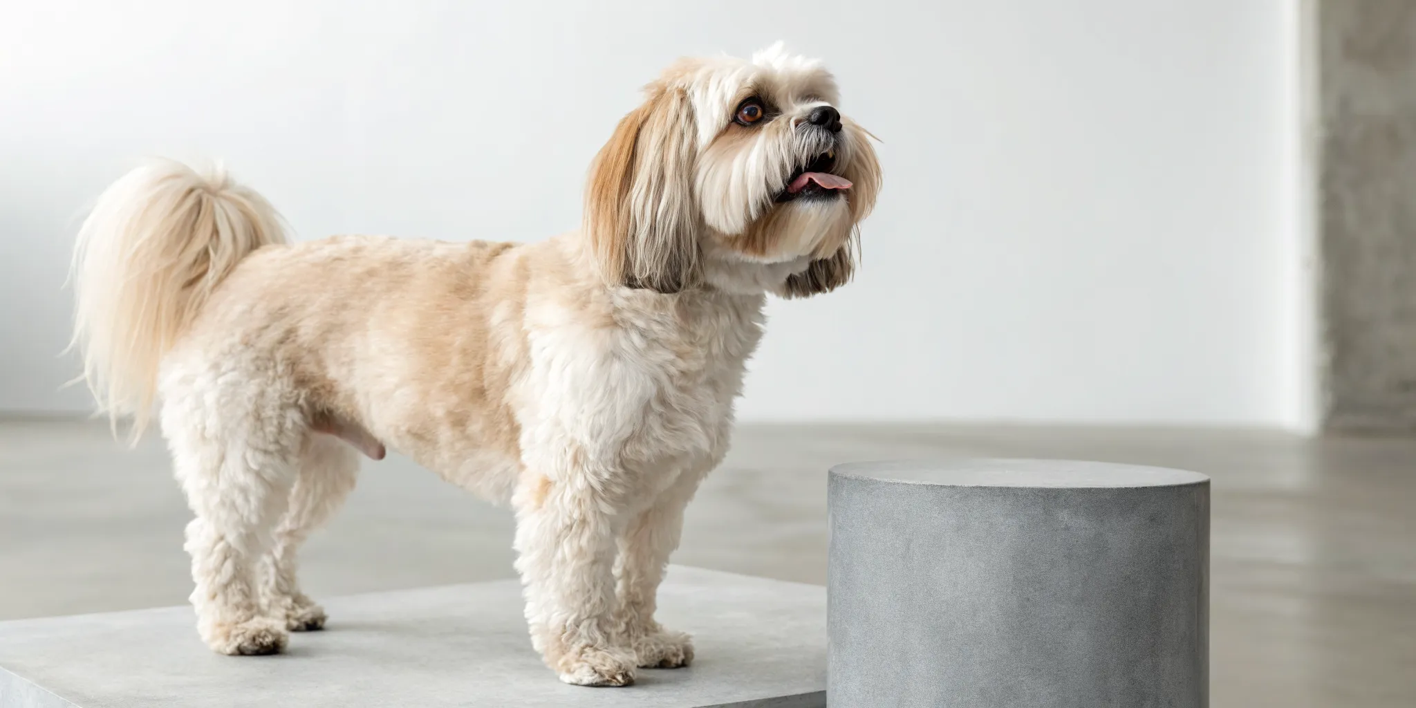 A fluffy Shih Tzu with a friendly temperament sits on a living room rug.