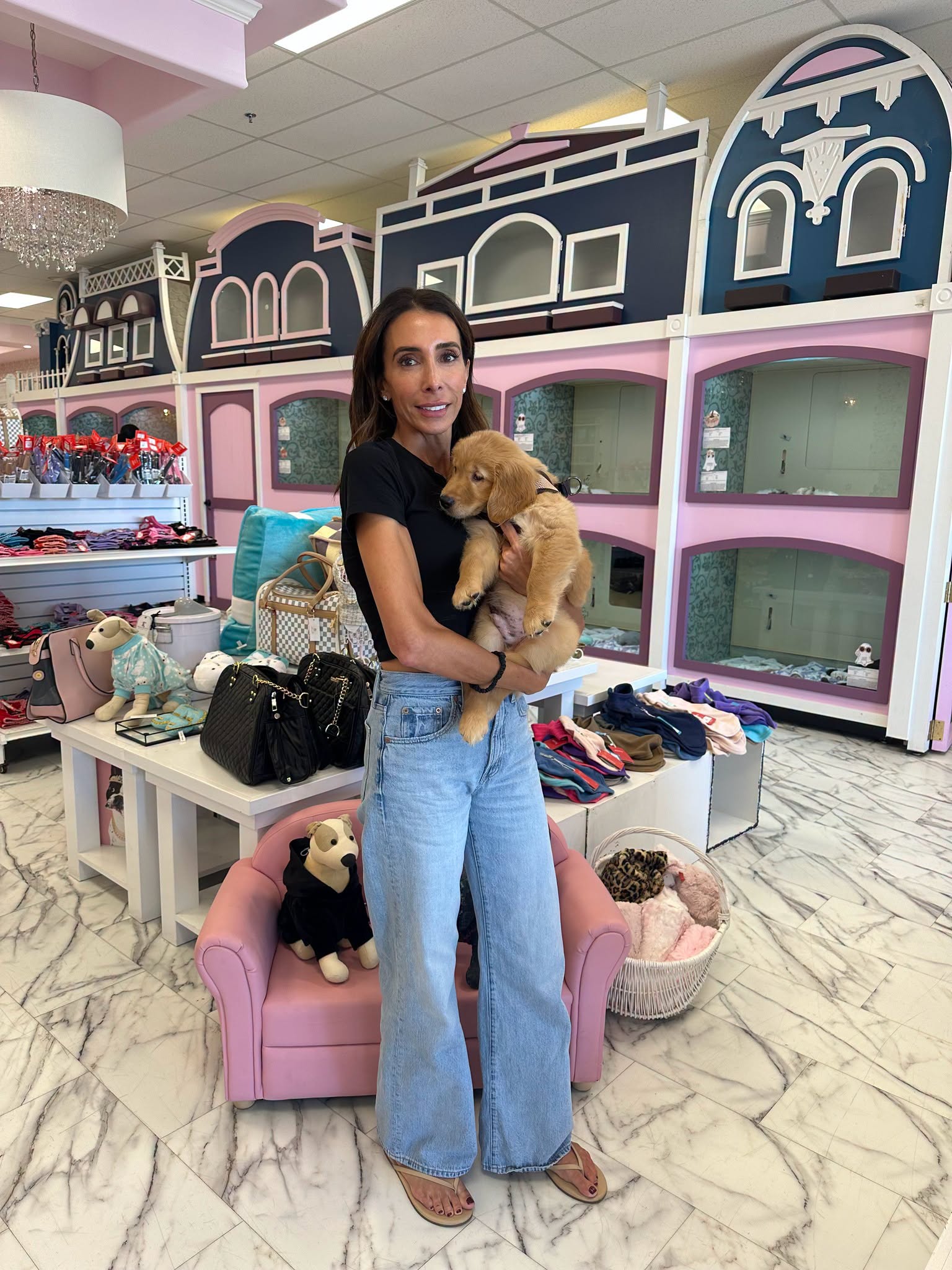 A person holding a golden puppy in front of the boutique's pastel puppy suites